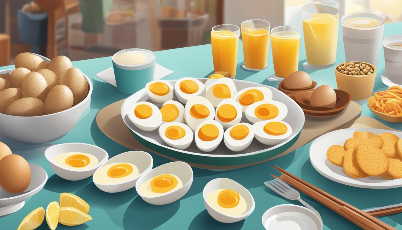 A colorful array of hard-boiled eggs, alongside various healthy snacks, arranged on a table with a backdrop of a college campus