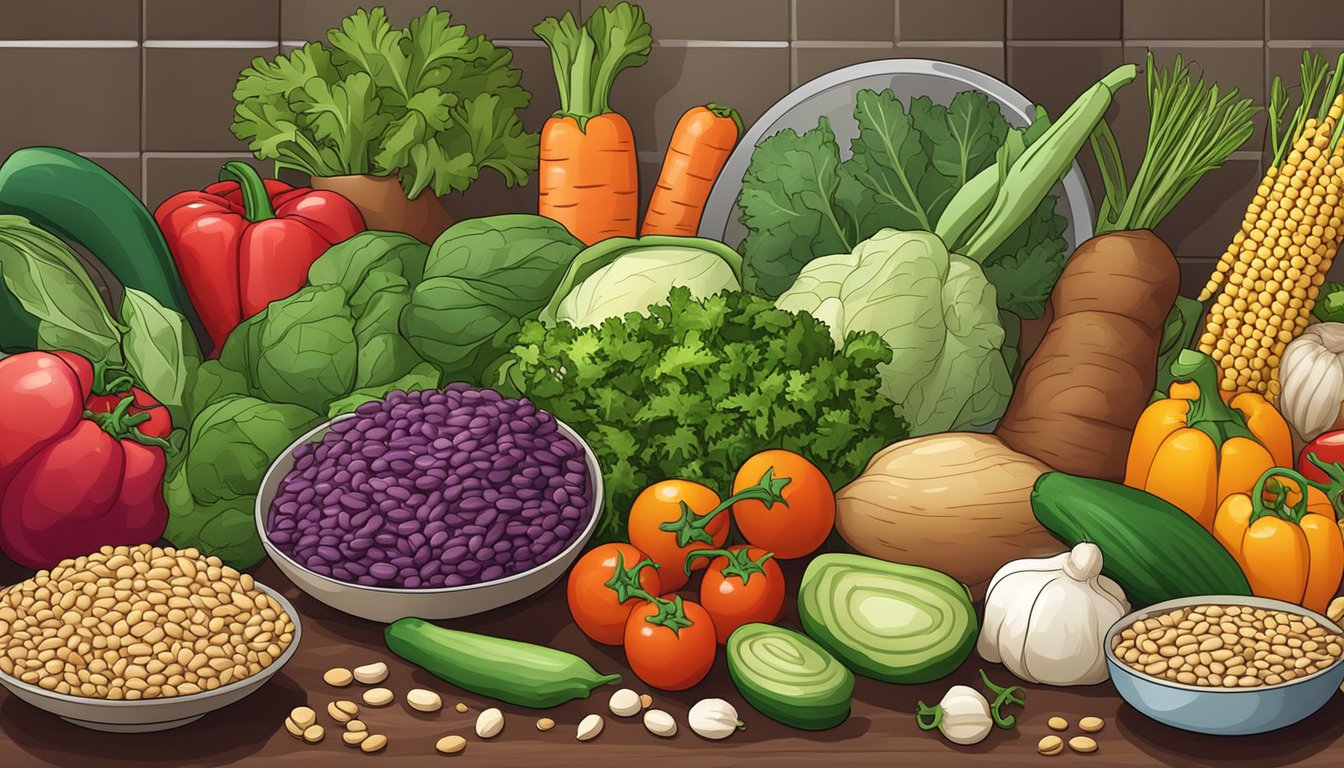 A colorful array of fresh vegetables, legumes, and whole grains arranged on a kitchen counter, with a variety of cooking utensils and spices nearby