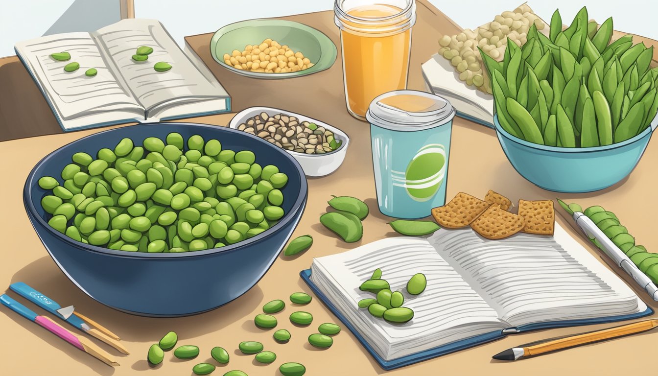 A bowl of edamame pods surrounded by various healthy snacks and a textbook on a college student's desk