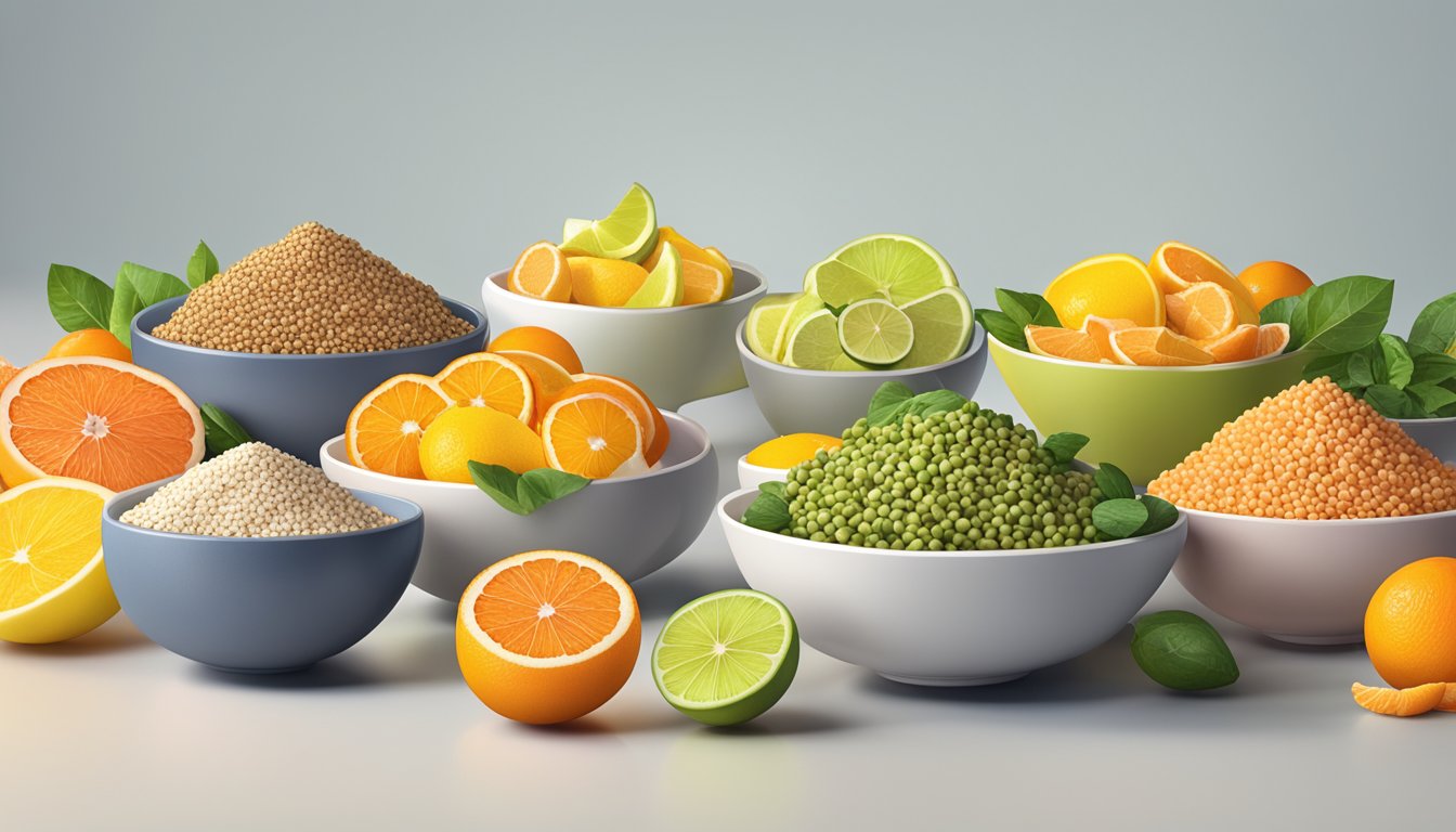 A colorful array of citrus fruits and buckwheat grains arranged in six separate bowls, showcasing a nutritious and vibrant salad option for diabetics