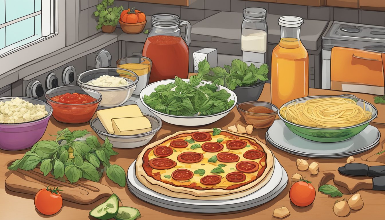 A kitchen counter with ingredients for making vegan St. Louis-style pizza, including vegan cheese, tomato sauce, and various toppings