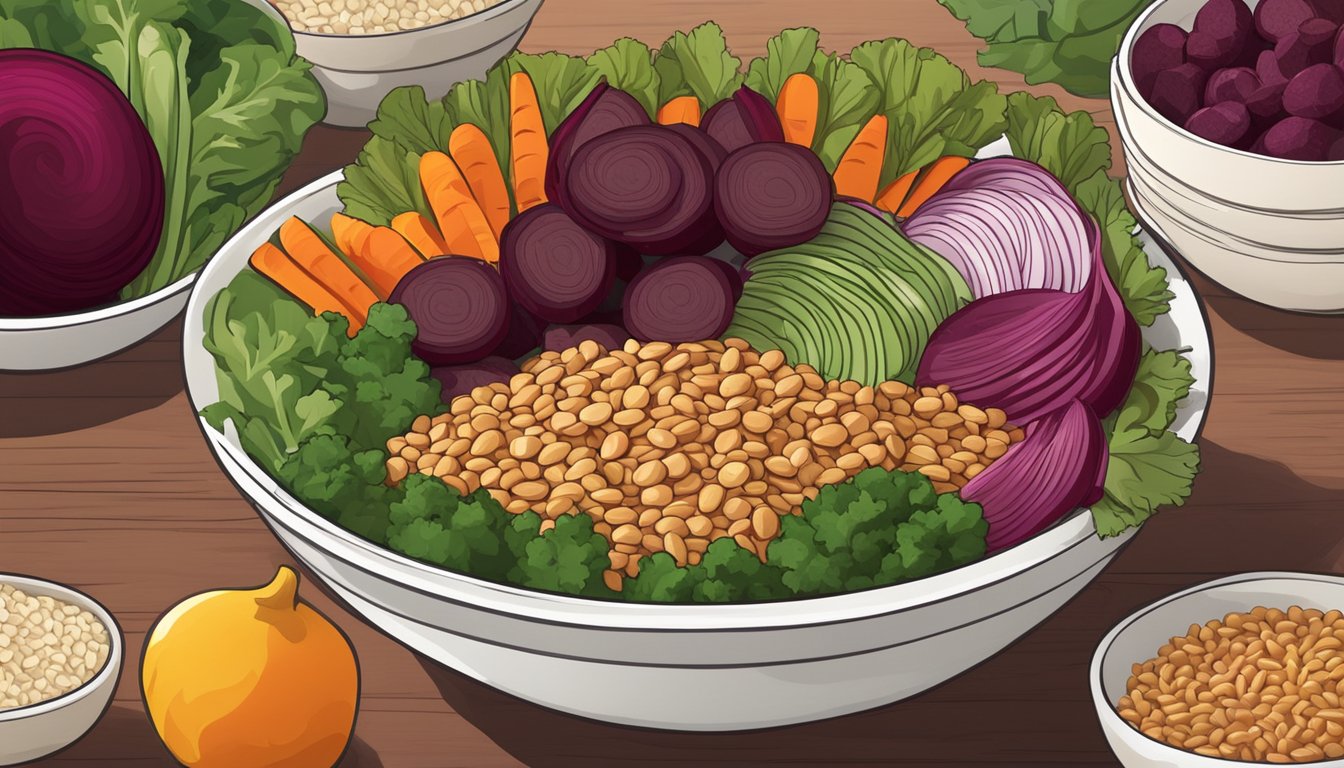 A colorful bowl filled with cooked farro, roasted beets, and a variety of fresh vegetables arranged in an appealing and nutritious display