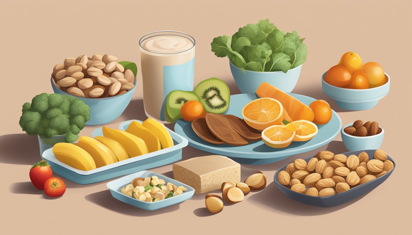 A variety of healthy snack options arranged on a table, including fruits, vegetables, nuts, and low-sugar protein bars