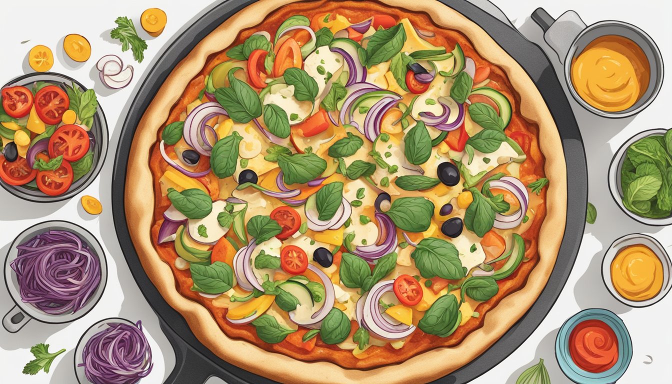 A chef prepares a vegan St. Louis style pizza with a crispy thin crust, topped with dairy-free cheese, and a variety of colorful vegetables