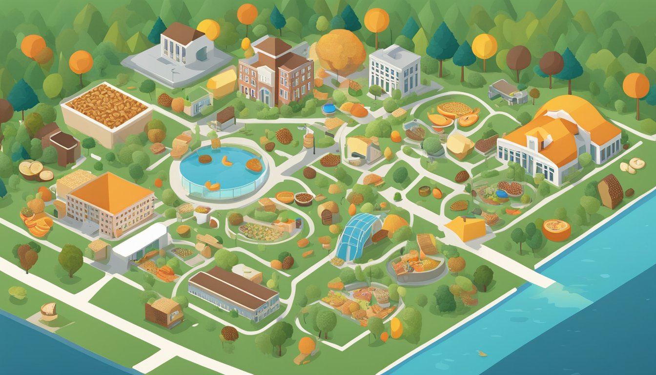 A college campus map surrounded by various food options, including fruits, nuts, and whole grain snacks, with a focus on diabetic-friendly choices