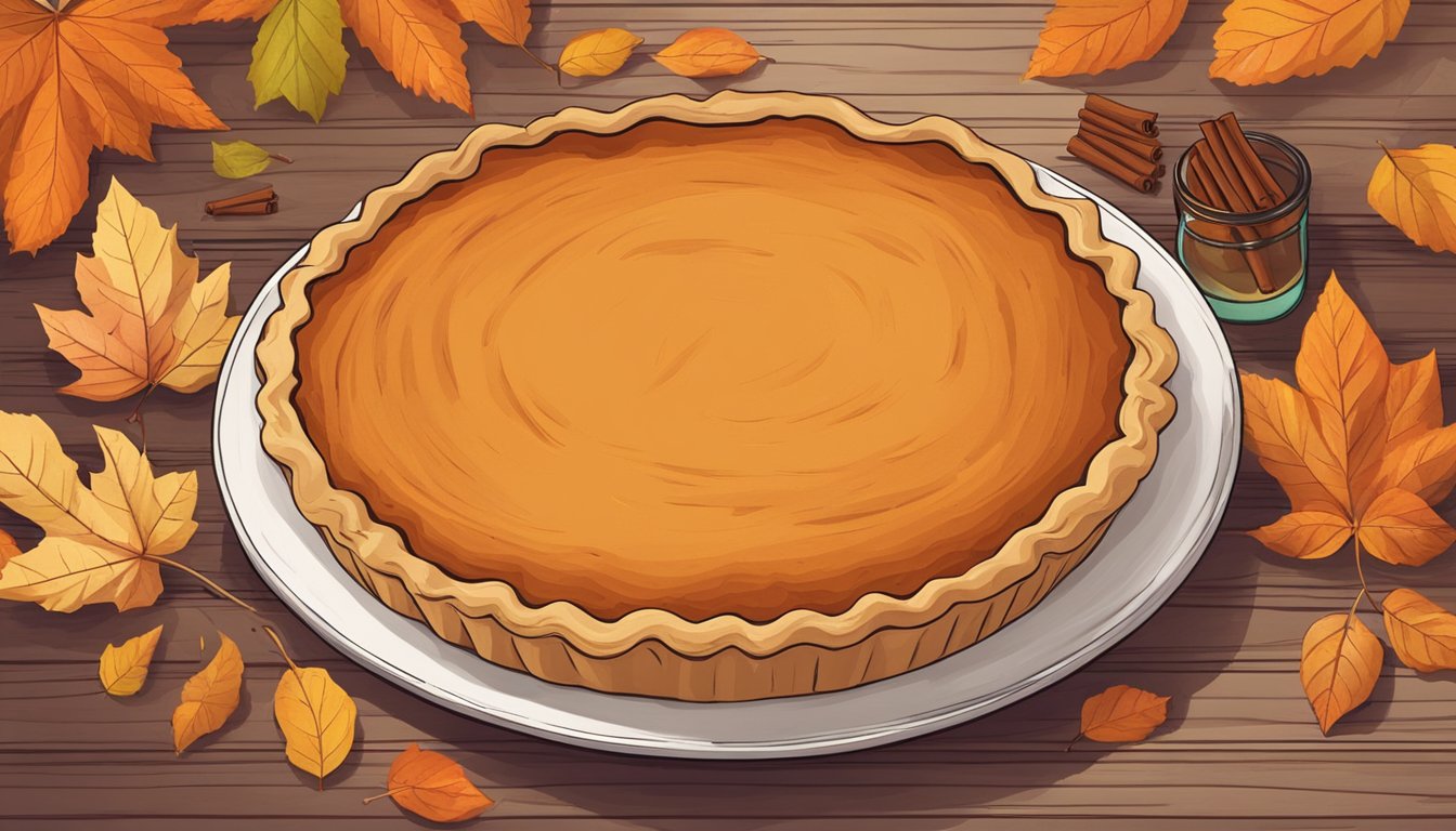 A vegan sweet potato pie sits on a wooden table, surrounded by autumn leaves and a small jar of cinnamon sticks