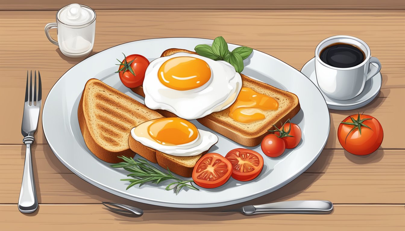 A table set with a traditional English breakfast spread, including options suitable for type 2 diabetes, such as whole grain toast, grilled tomatoes, and poached eggs