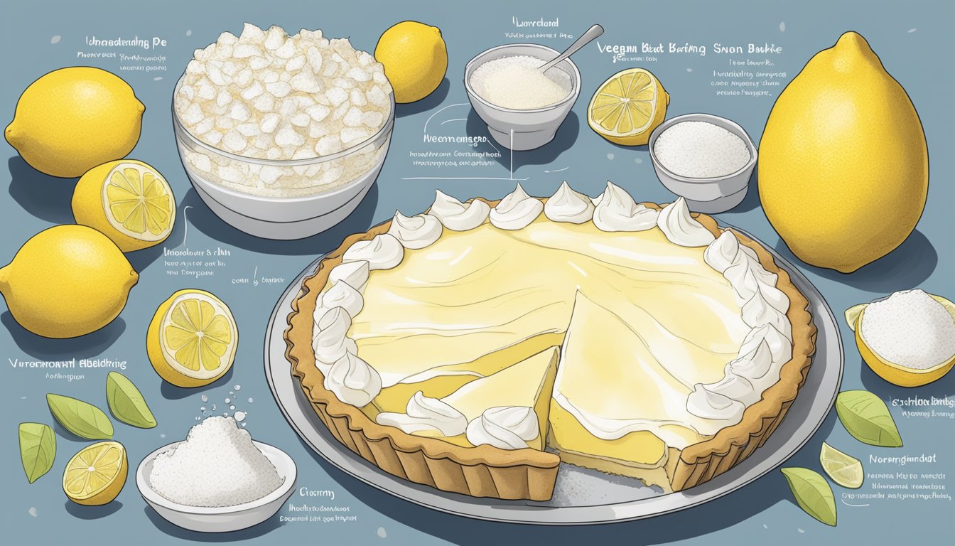 A kitchen counter with ingredients for lemon meringue pie, including lemons, sugar, and aquafaba, next to a recipe book titled "Understanding Vegan Baking."