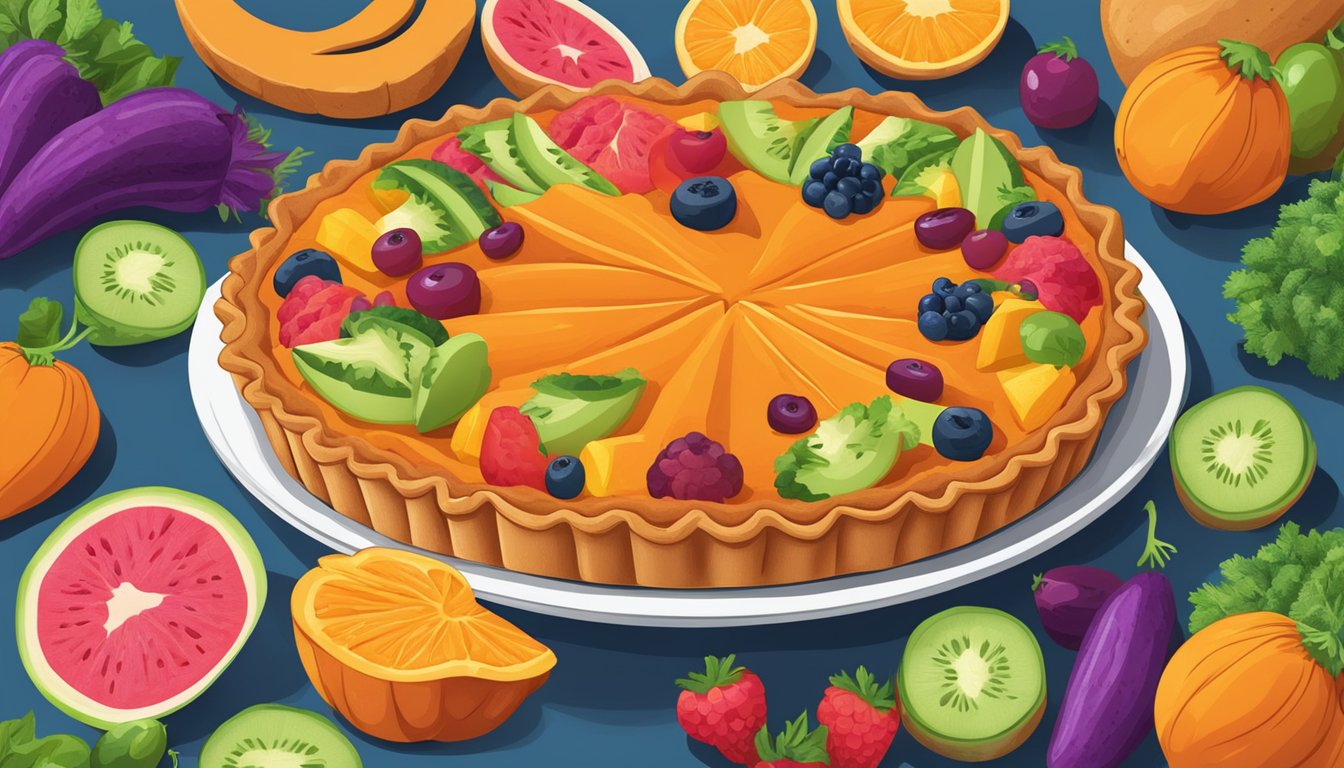 A vegan sweet potato pie surrounded by colorful fruits and vegetables