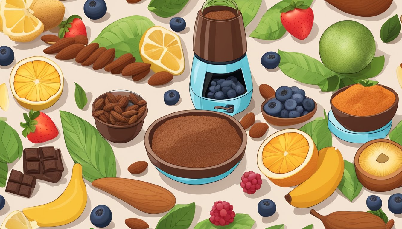 A colorful array of fresh ingredients, including cocoa powder, almonds, and assorted fruits, arranged around a blender