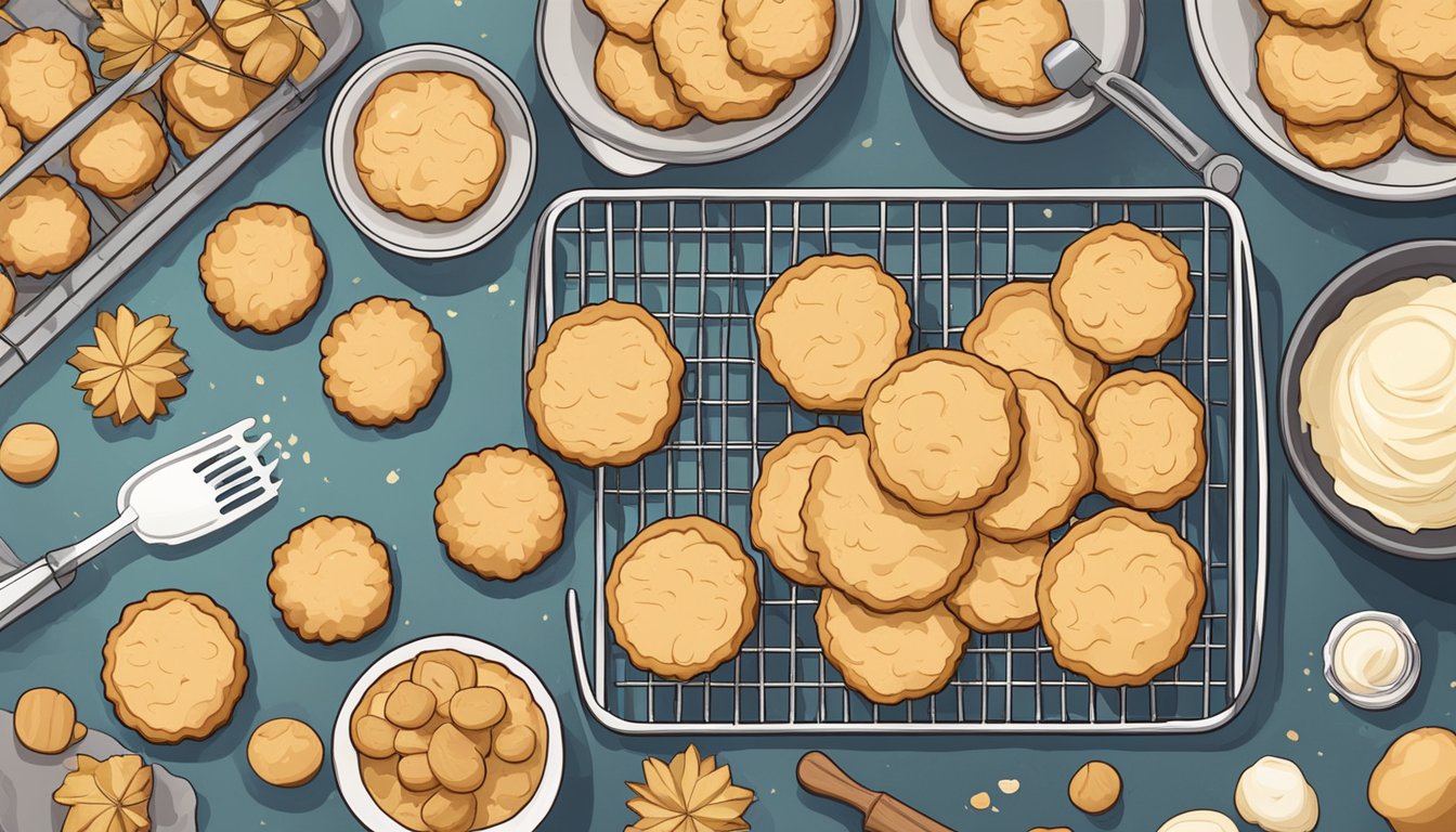 A kitchen counter with vegan langues de chat cookies cooling on a wire rack. Ingredients and utensils for vegan baking are scattered around