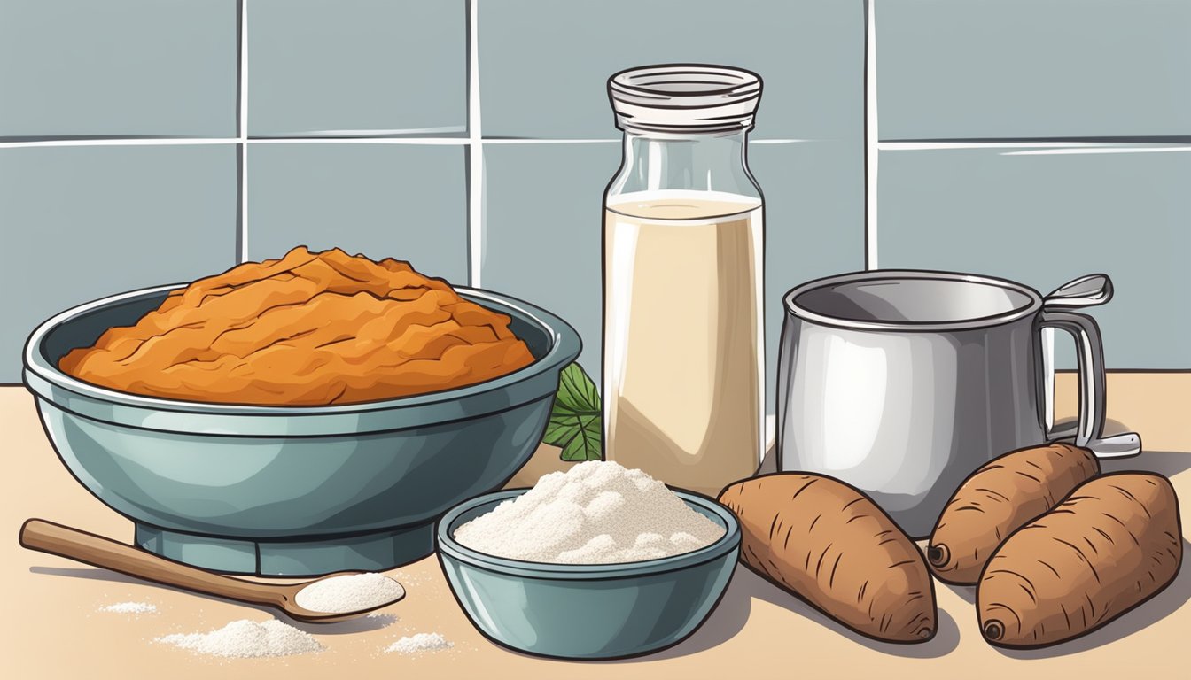 A kitchen counter with ingredients for sweet potato pie, including sweet potatoes, flour, sugar, and a mixing bowl