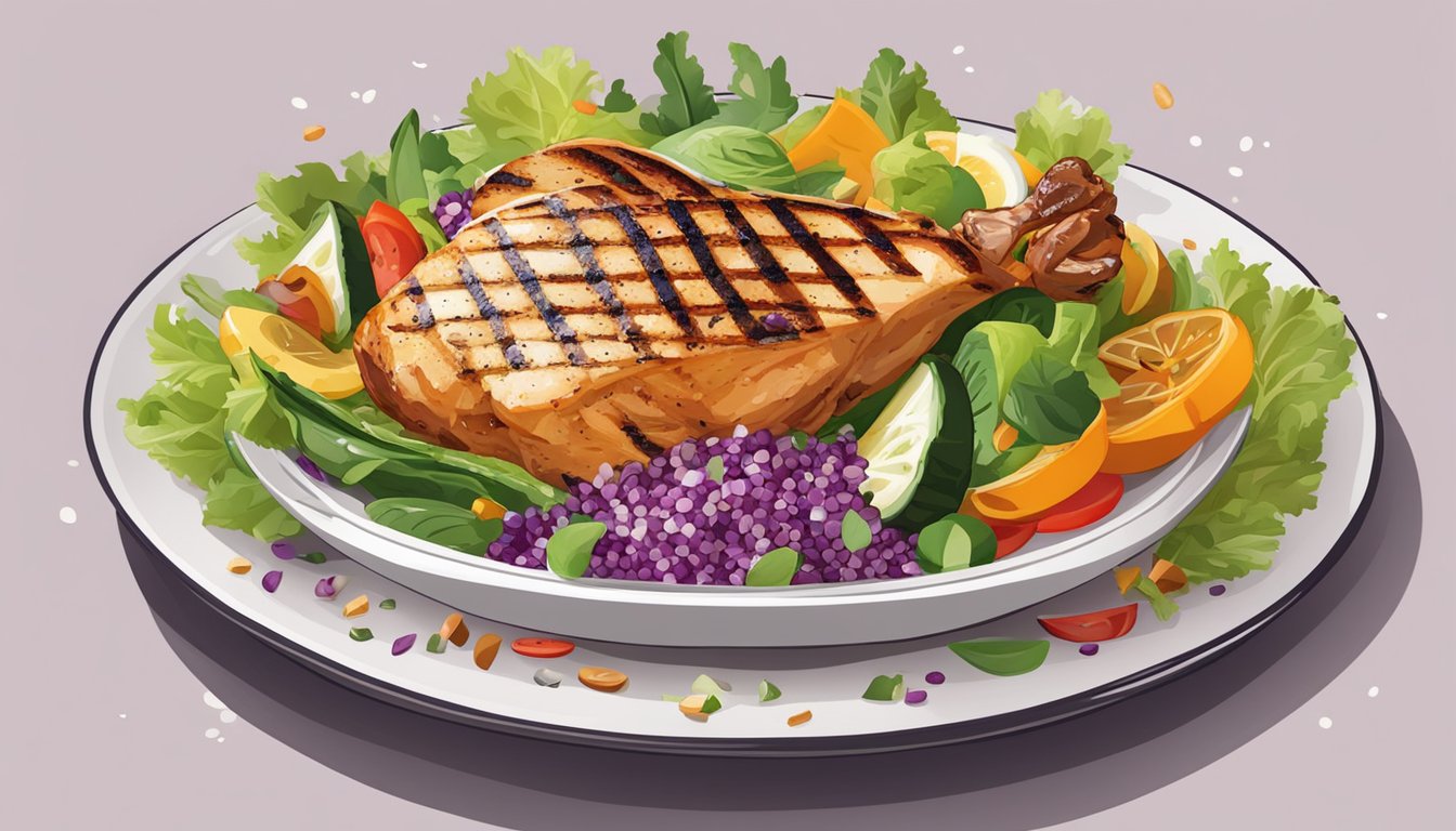 A colorful plate with grilled chicken, quinoa, and fresh vegetables arranged in an appetizing salad