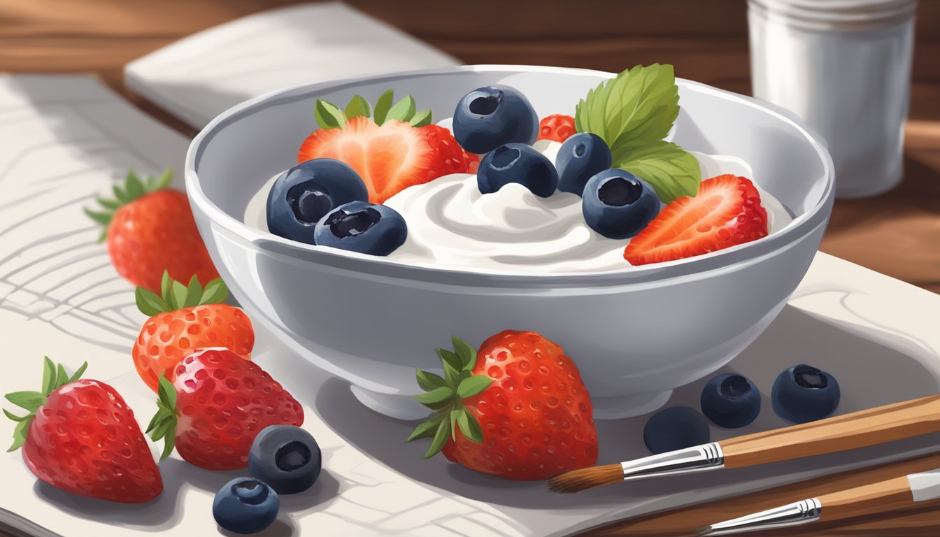 A bowl of Greek yogurt topped with fresh berries sits on a wooden table, surrounded by art supplies like paintbrushes and sketchbooks