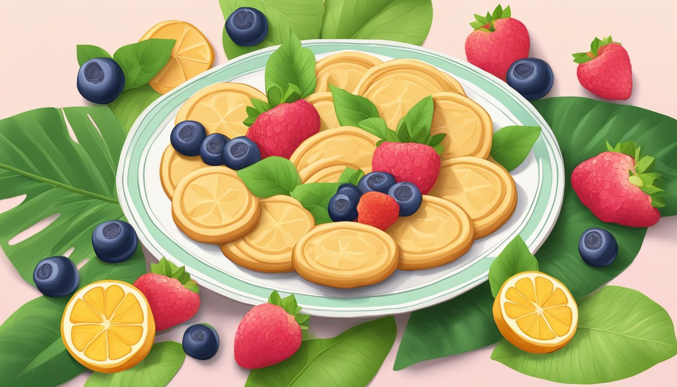 A plate of langues de chat vegan cookies arranged in a decorative pattern, surrounded by fresh fruits and green leaves