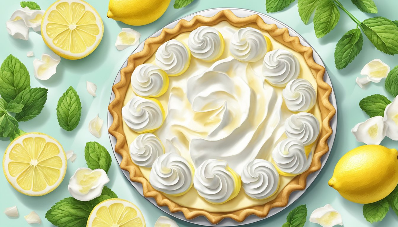 A table with a freshly baked vegan lemon meringue pie, topped with fluffy meringue and a zesty lemon filling, surrounded by lemon slices and a sprig of mint