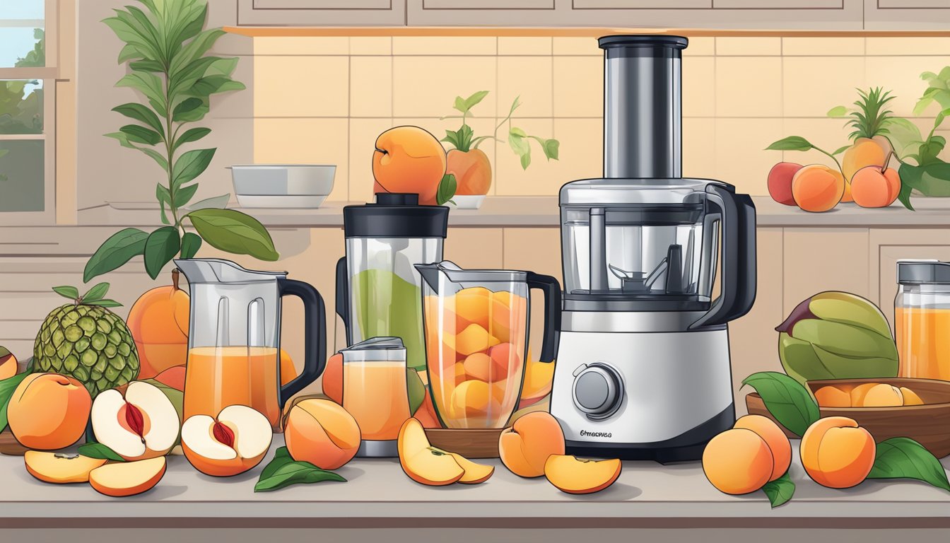 A colorful array of fresh peaches, probiotic-rich ingredients, and various fruits displayed on a countertop next to a blender