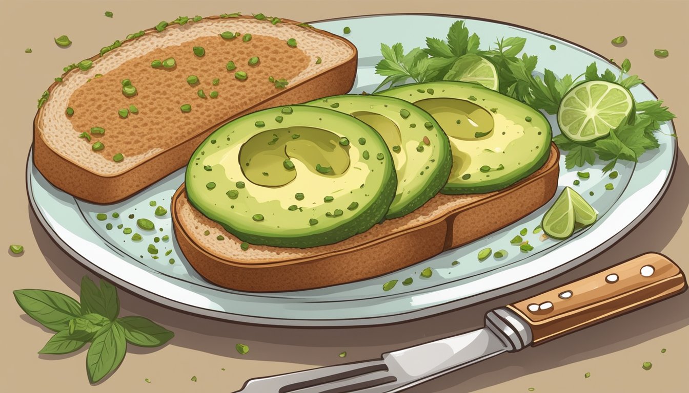 A colorful plate holds a slice of whole grain bread topped with mashed avocado, sprinkled with seasoning and garnished with fresh herbs