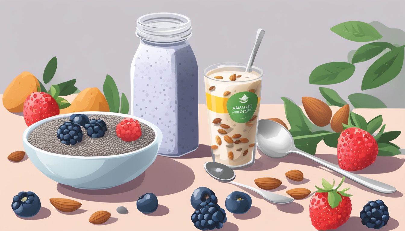 A glass bowl of chia seed pudding sits next to a carton of almond milk, surrounded by fresh berries, nuts, and a spoon