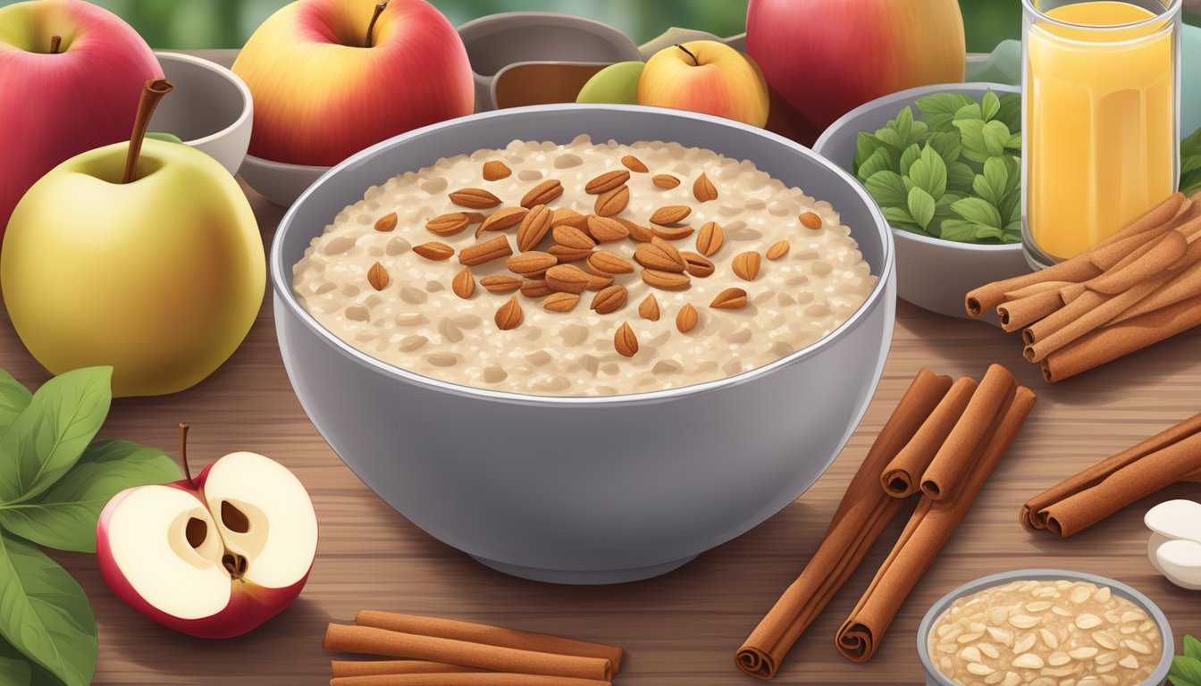 A bowl of cinnamon apple oatmeal surrounded by ingredients for diabetic-friendly smoothies