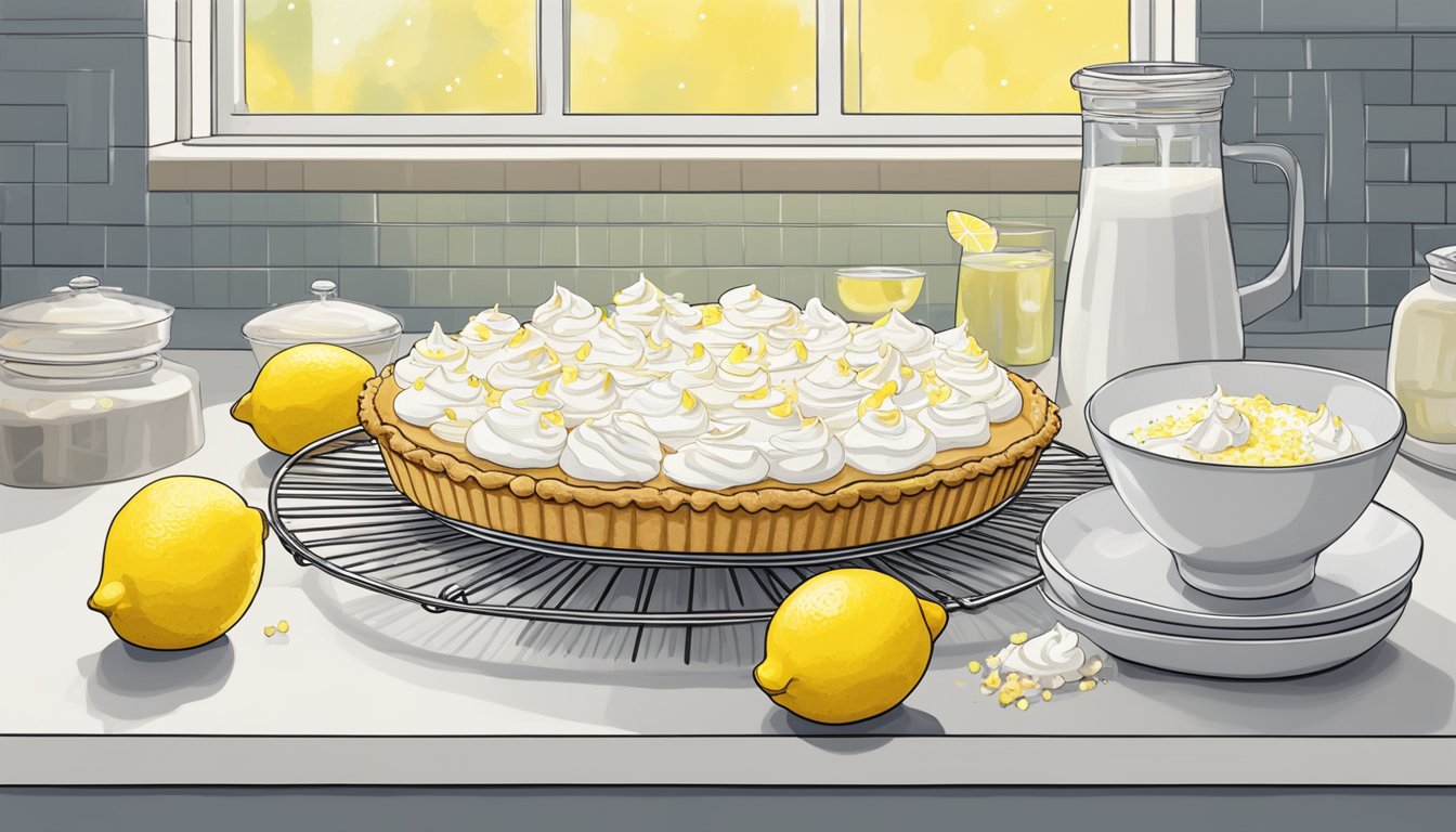 A pristine kitchen counter with a freshly baked vegan lemon meringue pie cooling on a wire rack, surrounded by scattered lemon zest and a bowl of aquafaba