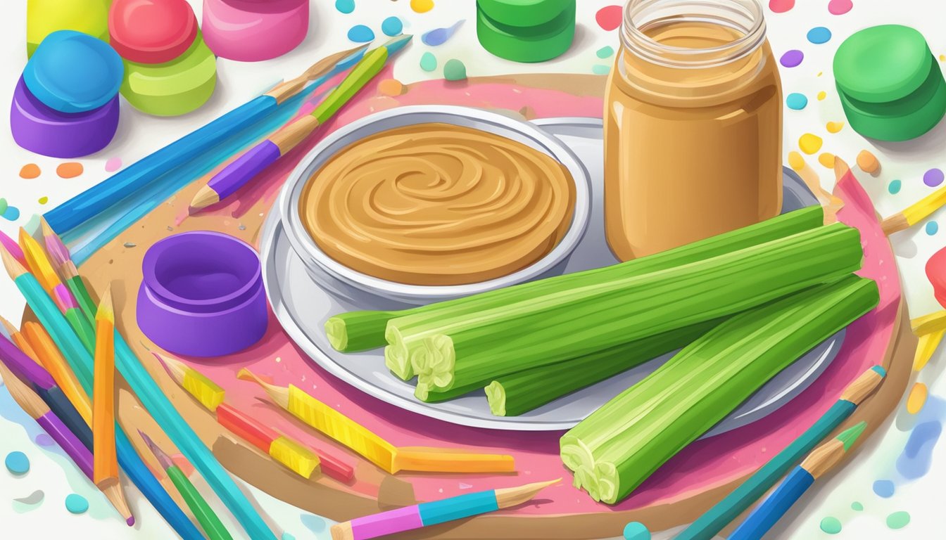 A plate of celery sticks with dollops of peanut butter, surrounded by colorful art supplies