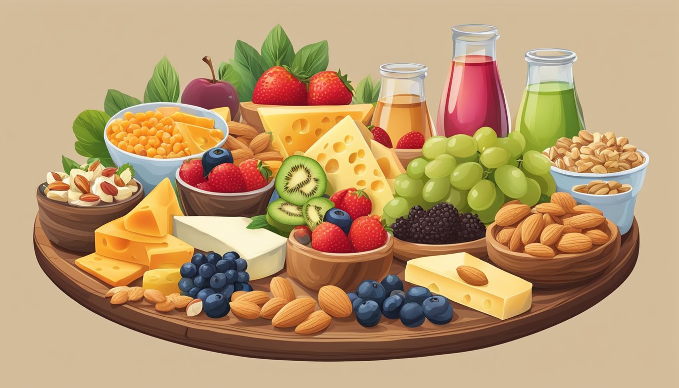 A table with a variety of colorful and appetizing snack options, including fruits, nuts, and cheese, arranged neatly on a plate