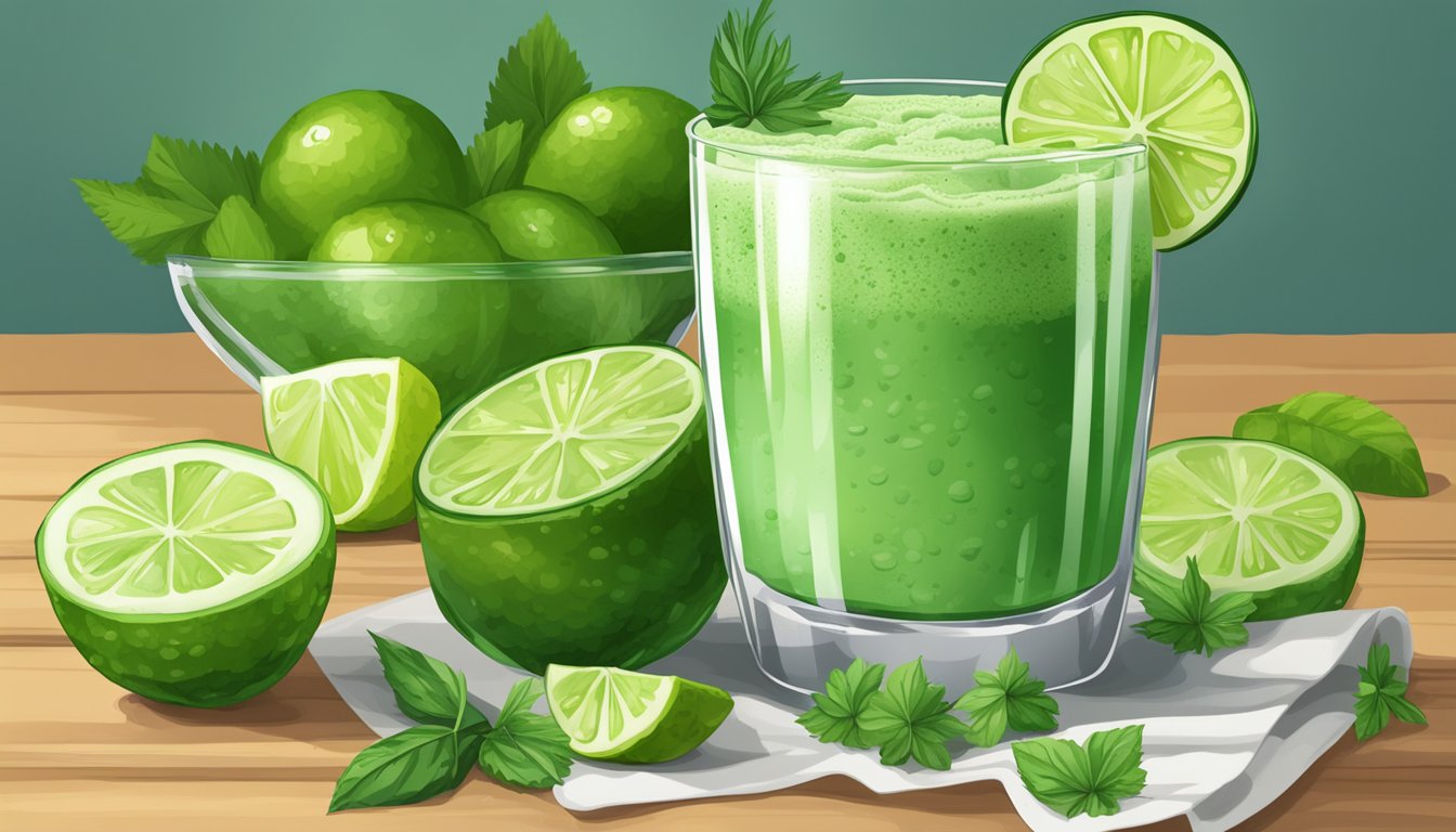 A glass filled with a refreshing cucumber lime smoothie surrounded by fresh ingredients like cucumbers and limes, ready to be enjoyed