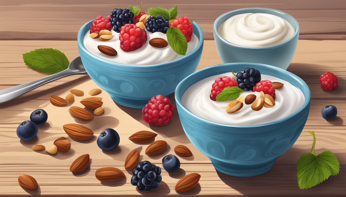 A bowl of Greek yogurt topped with fresh berries and nuts, set on a wooden table with a spoon beside it