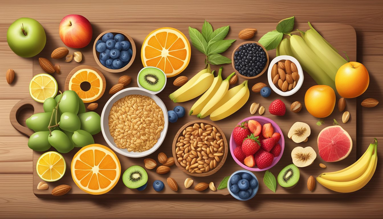 A colorful array of fresh fruits, nuts, and whole grains arranged on a wooden cutting board, with a variety of healthy snack options surrounding it