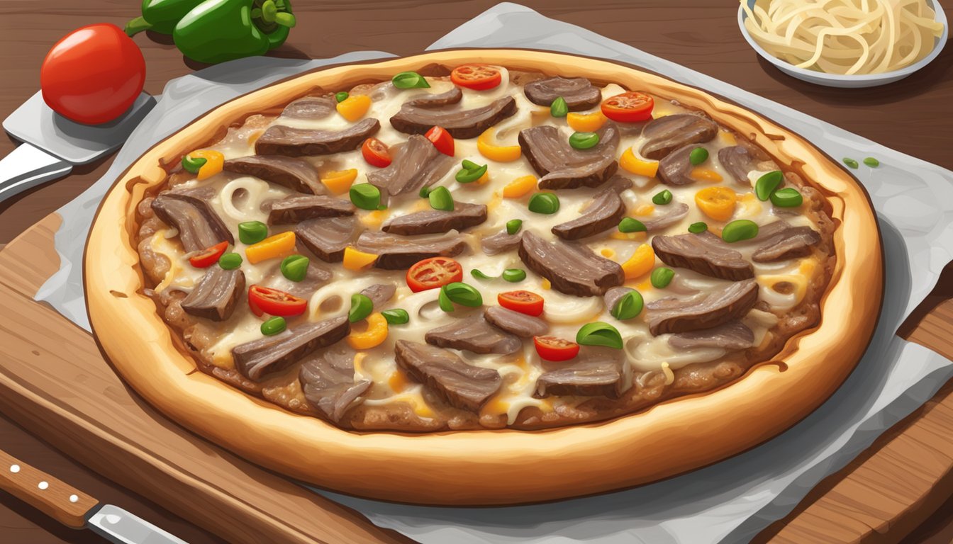 A sizzling Philly cheesesteak pizza on a wooden cutting board, with melted cheese, thinly sliced steak, and sautéed onions and peppers