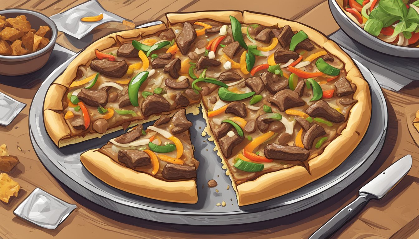 A sizzling philly cheesesteak pizza with vegan cheese, peppers, onions, and seitan strips on a golden, crispy crust