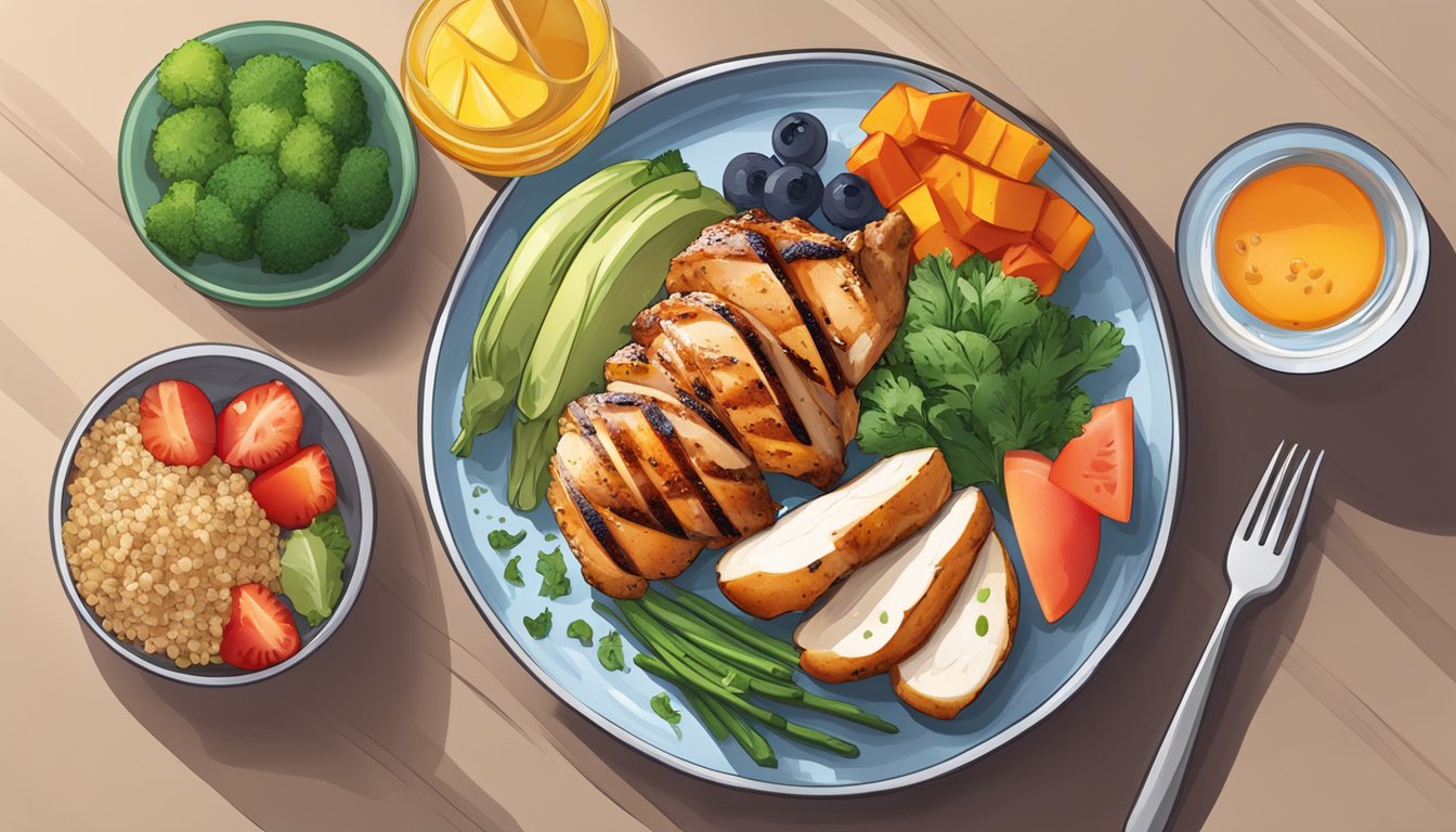 A colorful plate with a balanced meal of grilled chicken, quinoa, and steamed vegetables, alongside a side of fresh fruit and a glass of water