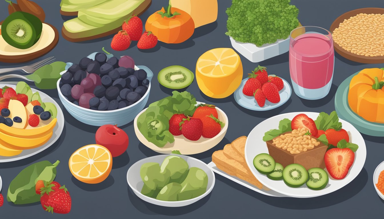 A table set with a colorful array of fruits, vegetables, whole grains, and lean proteins, representing a balanced and diabetes-friendly meal plan for breakfast, lunch, and dinner