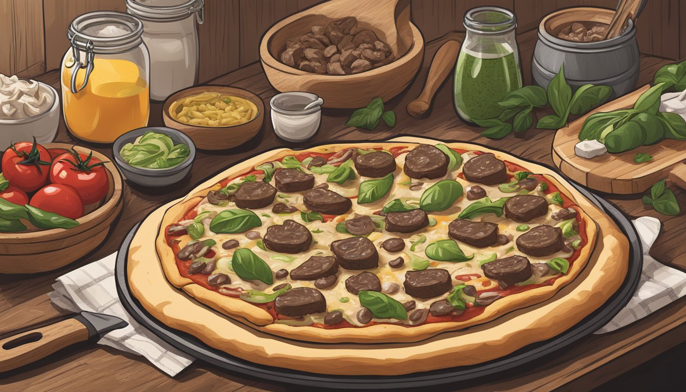 A sizzling pizza topped with vegan philly cheesesteak ingredients being prepared in a rustic kitchen