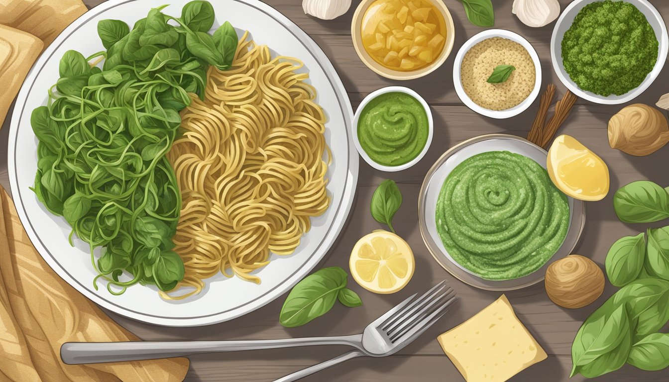 A plate of whole wheat pasta with spinach pesto surrounded by ingredients and a 7-day diabetes meal plan