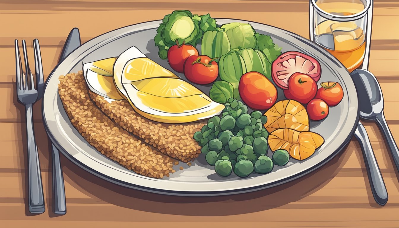 A colorful plate with a balanced meal of lean protein, whole grains, and plenty of vegetables, accompanied by a glass of water and a piece of fruit