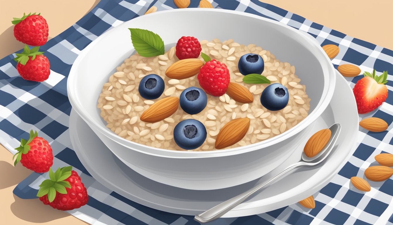 A bowl of oatmeal topped with fresh berries and almonds on a placemat, surrounded by a calendar showing 7 days