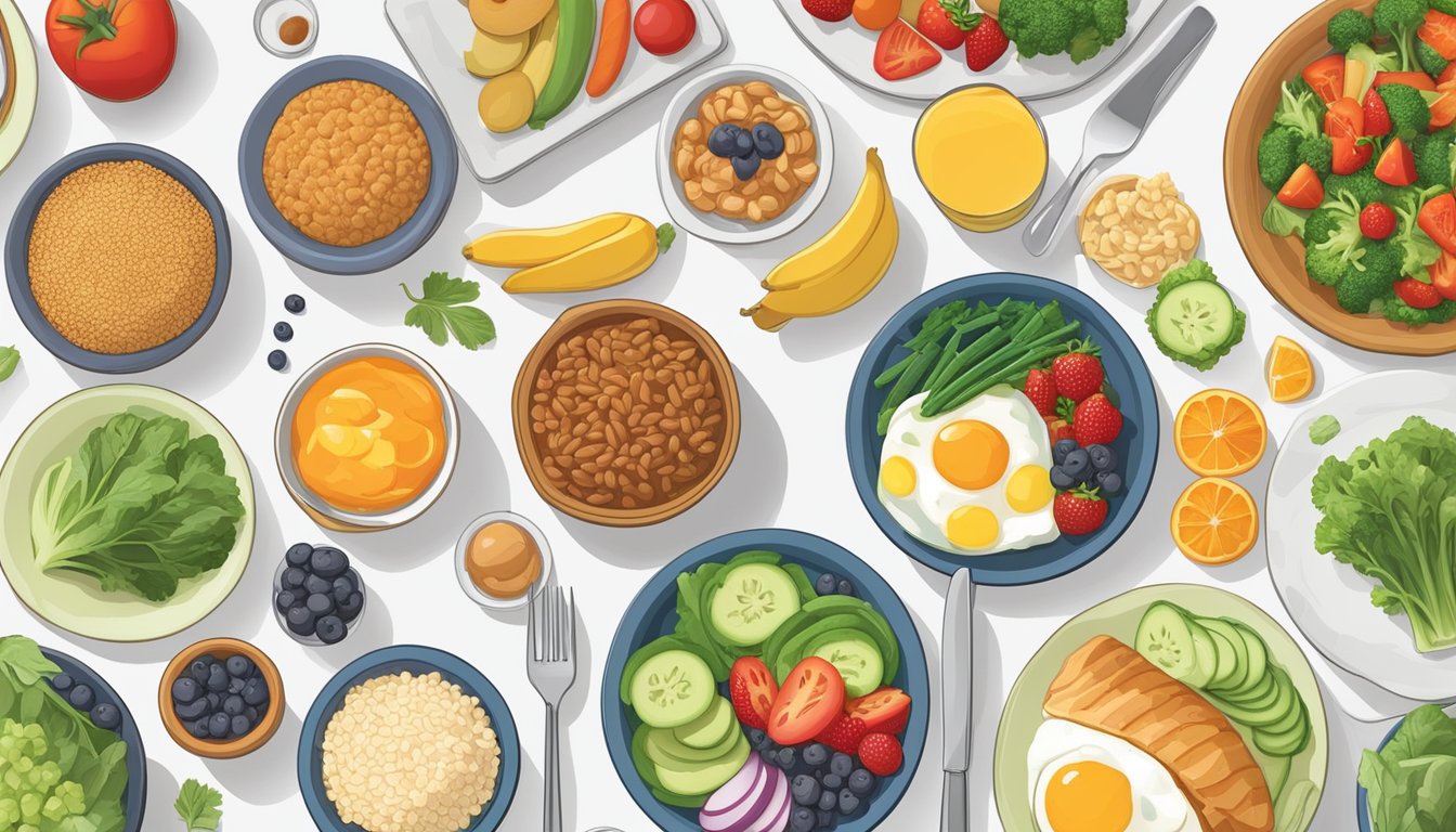 A table set with a colorful array of diabetes-friendly breakfast, lunch, and dinner options, including whole grains, lean proteins, and plenty of fresh vegetables