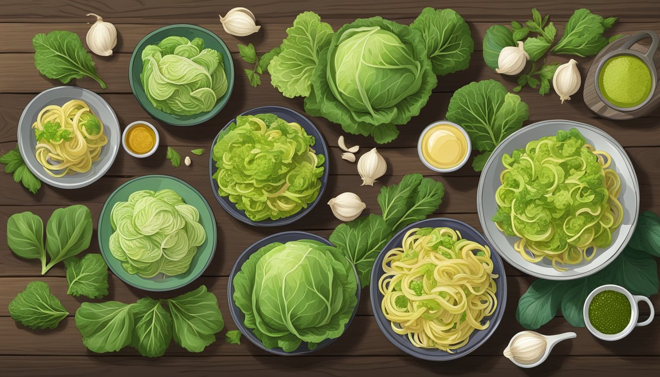 A colorful array of cabbage pesto pasta dishes arranged on a rustic wooden table, surrounded by fresh cabbage leaves, garlic, and herbs