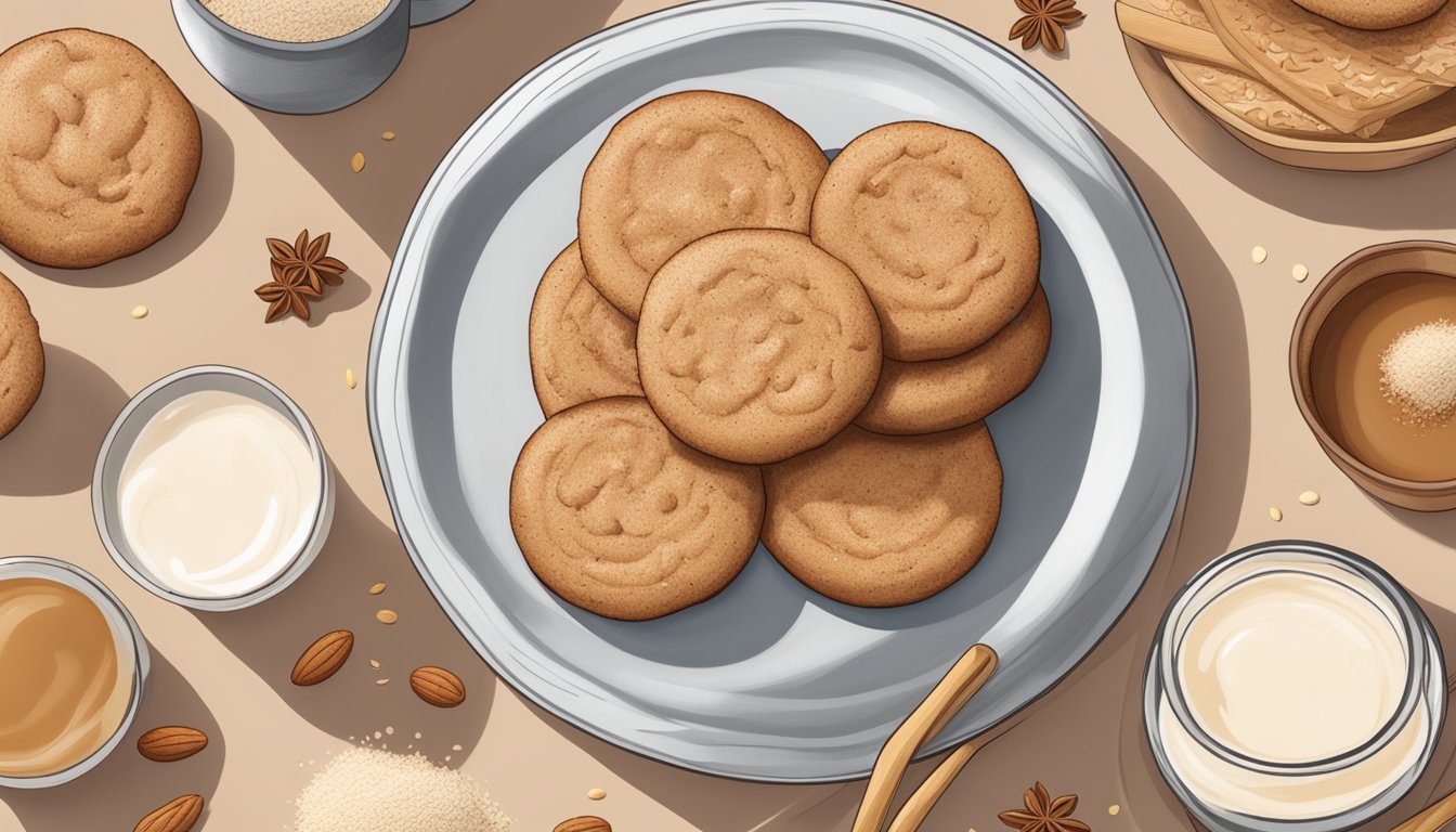 A plate of snickerdoodle cookies surrounded by alternative vegan ingredients like almond milk, coconut oil, and flaxseed