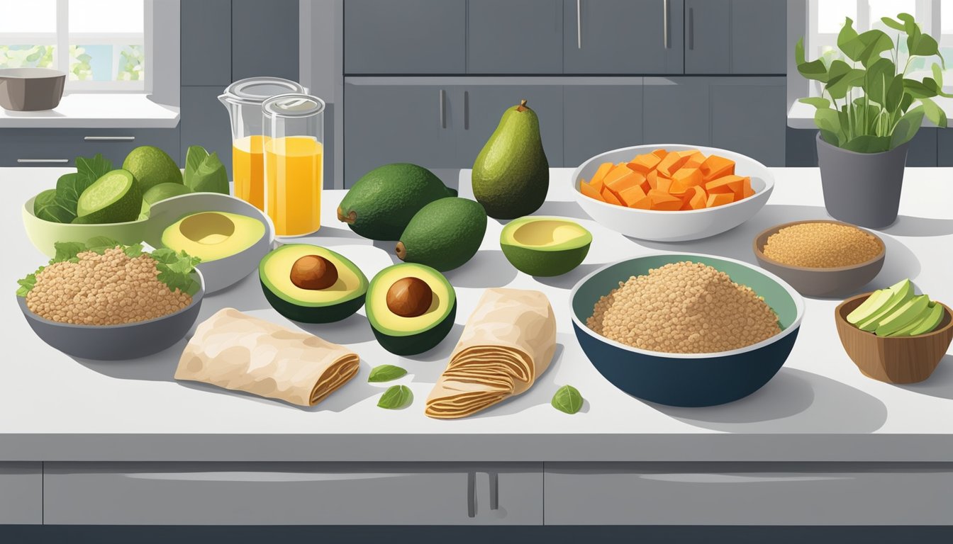 A colorful array of fresh ingredients laid out on a clean, modern kitchen counter, including sliced turkey, ripe avocado, and whole wheat wraps