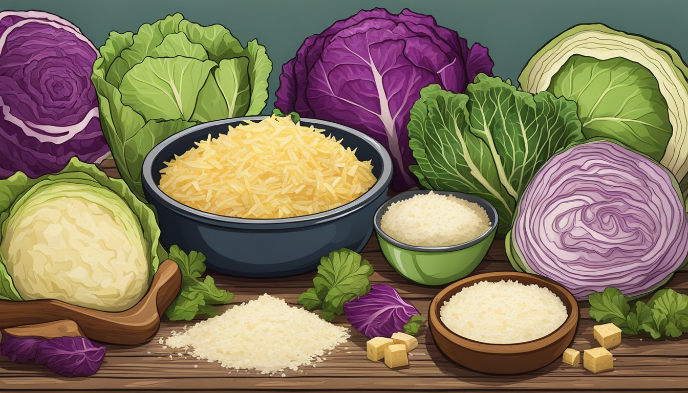 A colorful array of cabbage and parmesan bake ingredients arranged on a rustic wooden table