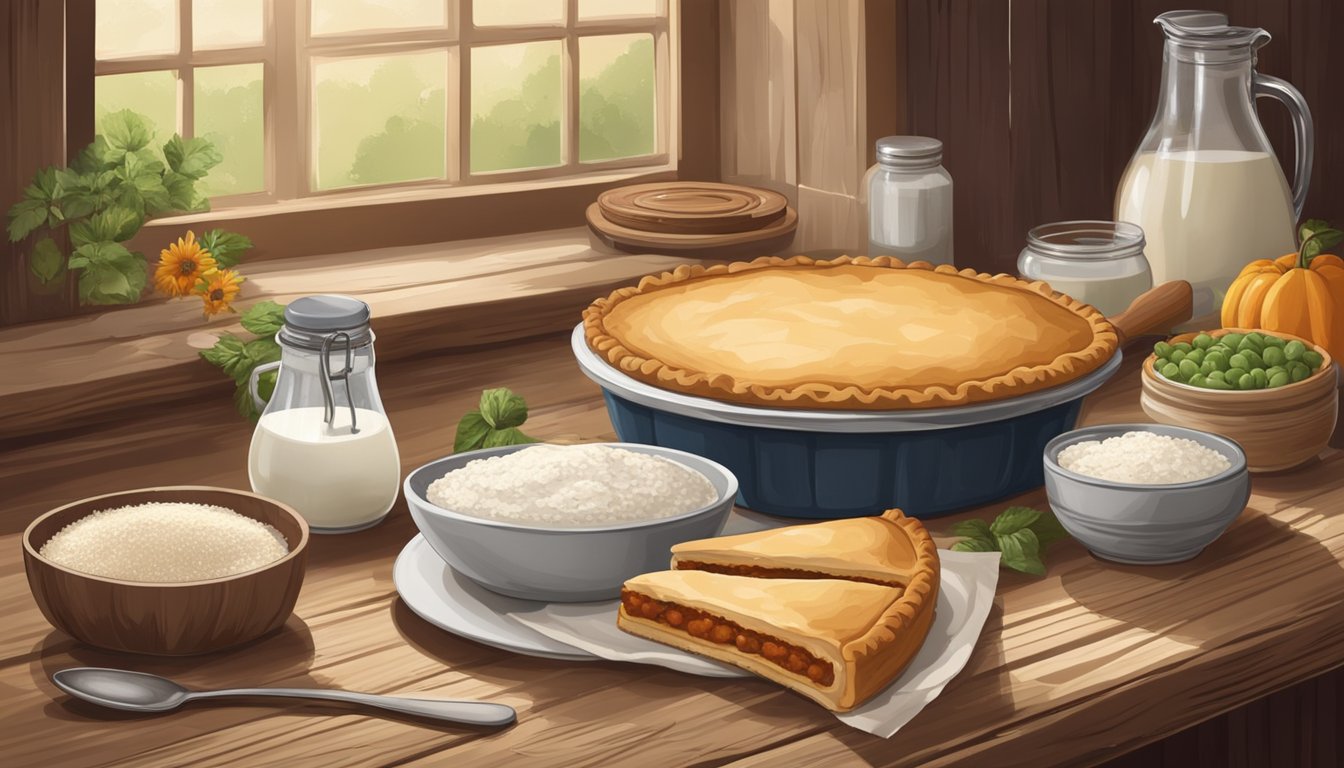 A rustic kitchen with a homemade Hoosier Pie on a wooden table, surrounded by fresh ingredients like sugar, flour, and soy milk