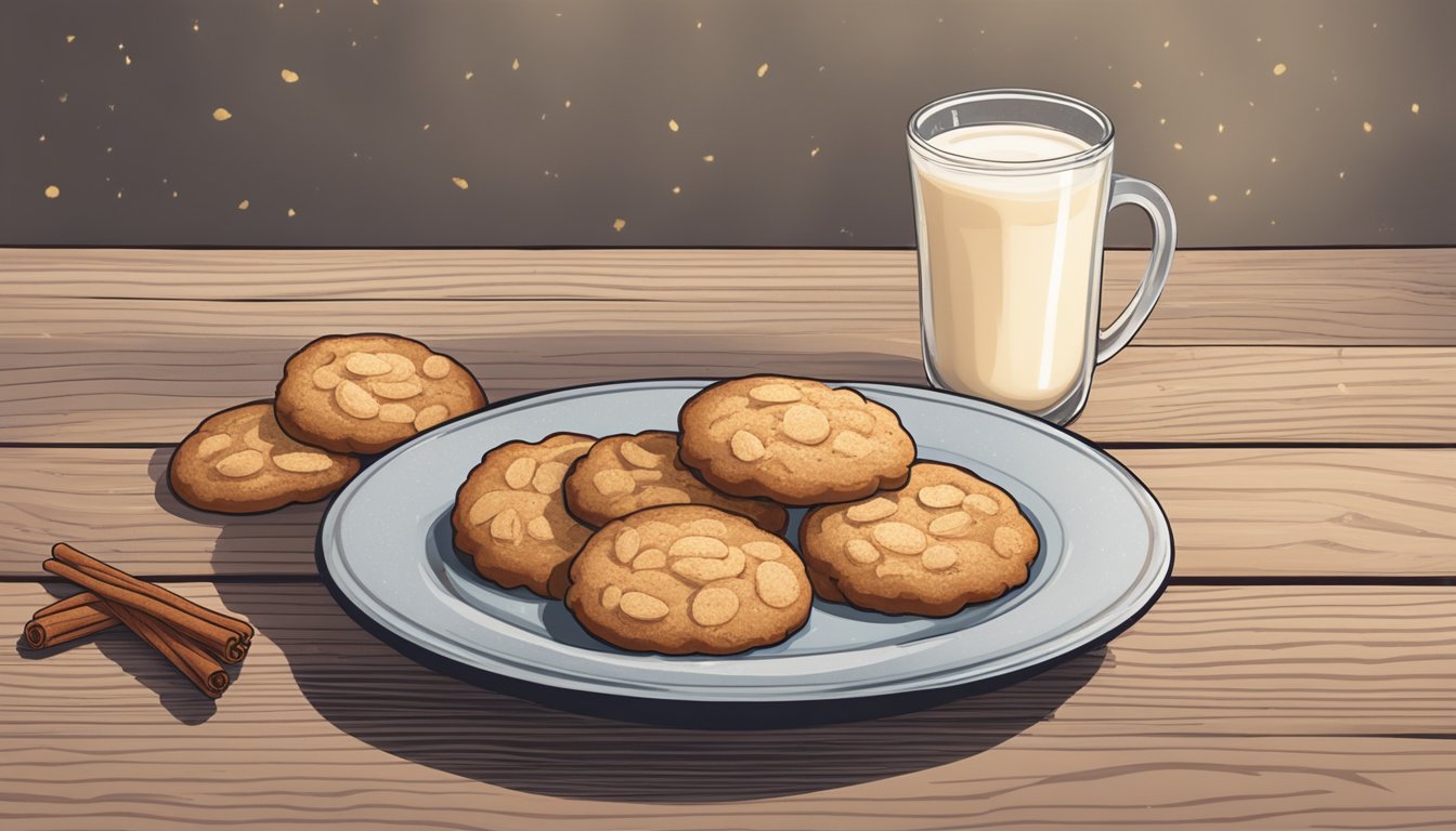 A plate of freshly baked snickerdoodle cookies sits next to a glass of almond milk on a rustic wooden table. The cookies are golden brown with a cinnamon sugar coating, and a few crumbs are scattered around the plate