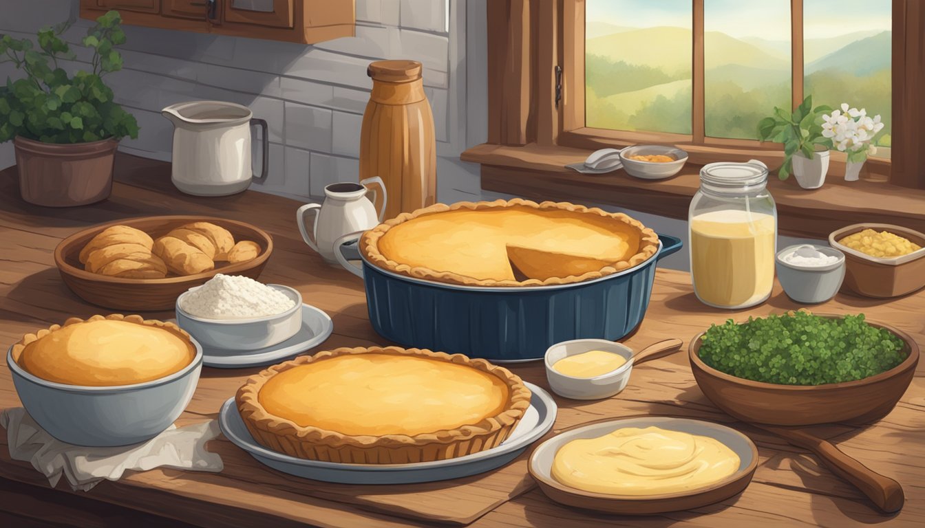 A rustic kitchen with a freshly baked hoosier pie cooling on a wooden table, surrounded by ingredients like flour, sugar, and plant-based butter