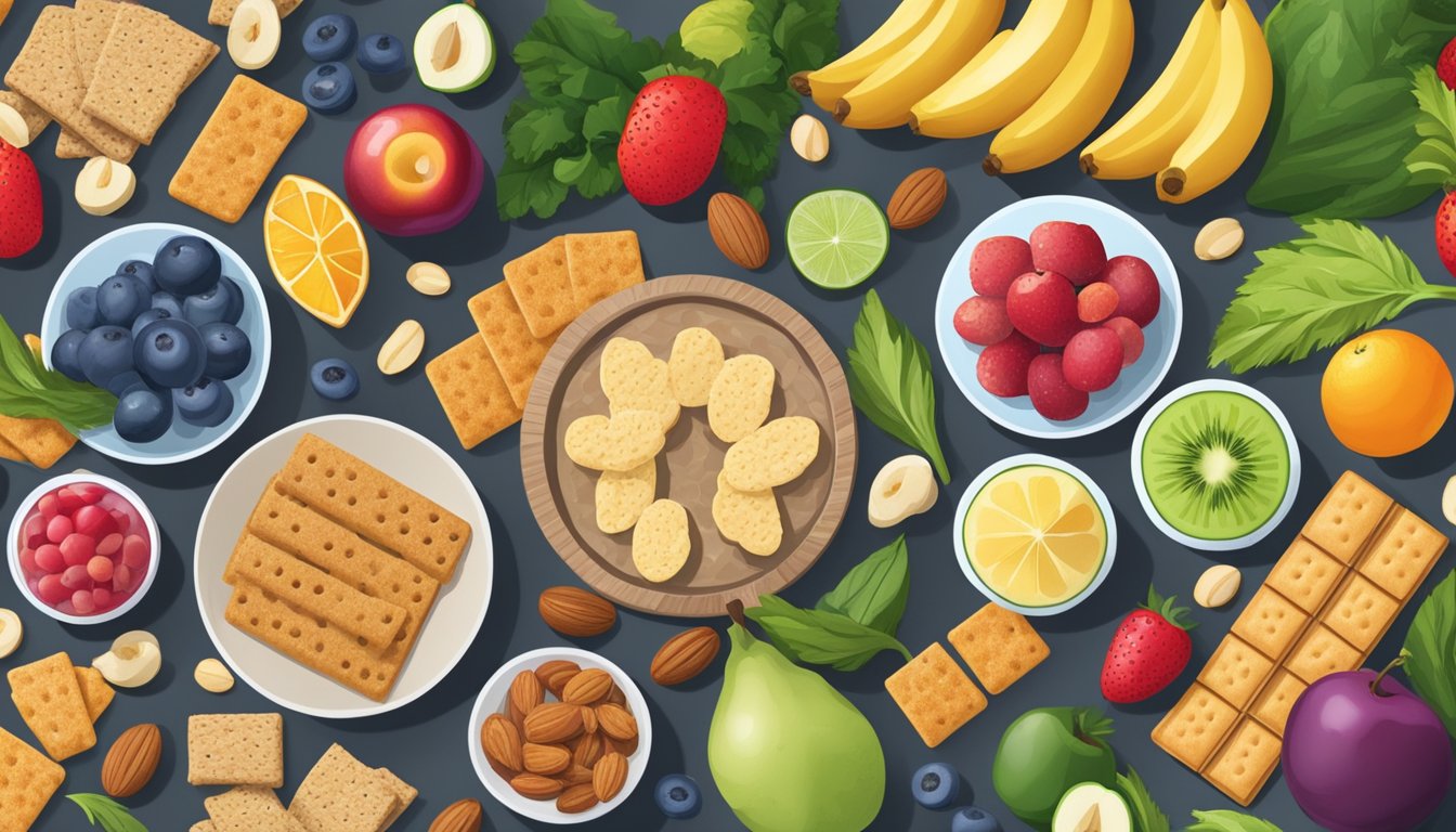 A variety of healthy snacks arranged on a table, including fruits, nuts, vegetables, and whole grain crackers