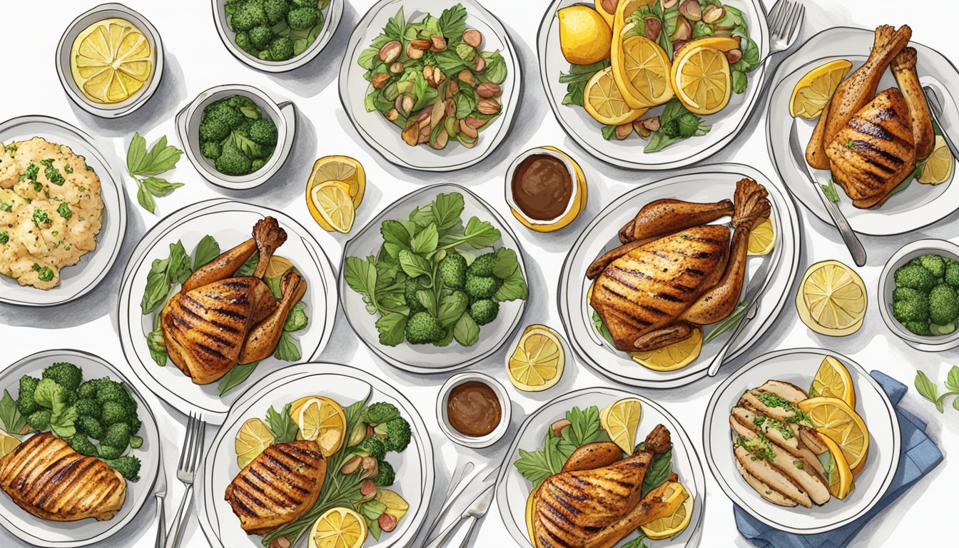 A table set with seven different plates of grilled lemon herb chicken, surrounded by various diabetic-friendly side dishes