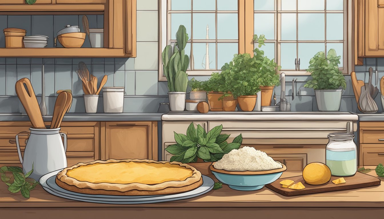 A rustic kitchen counter with a freshly baked Vegan Hoosier Pie cooling on a wire rack, surrounded by ingredients like flour, sugar, and plant-based butter