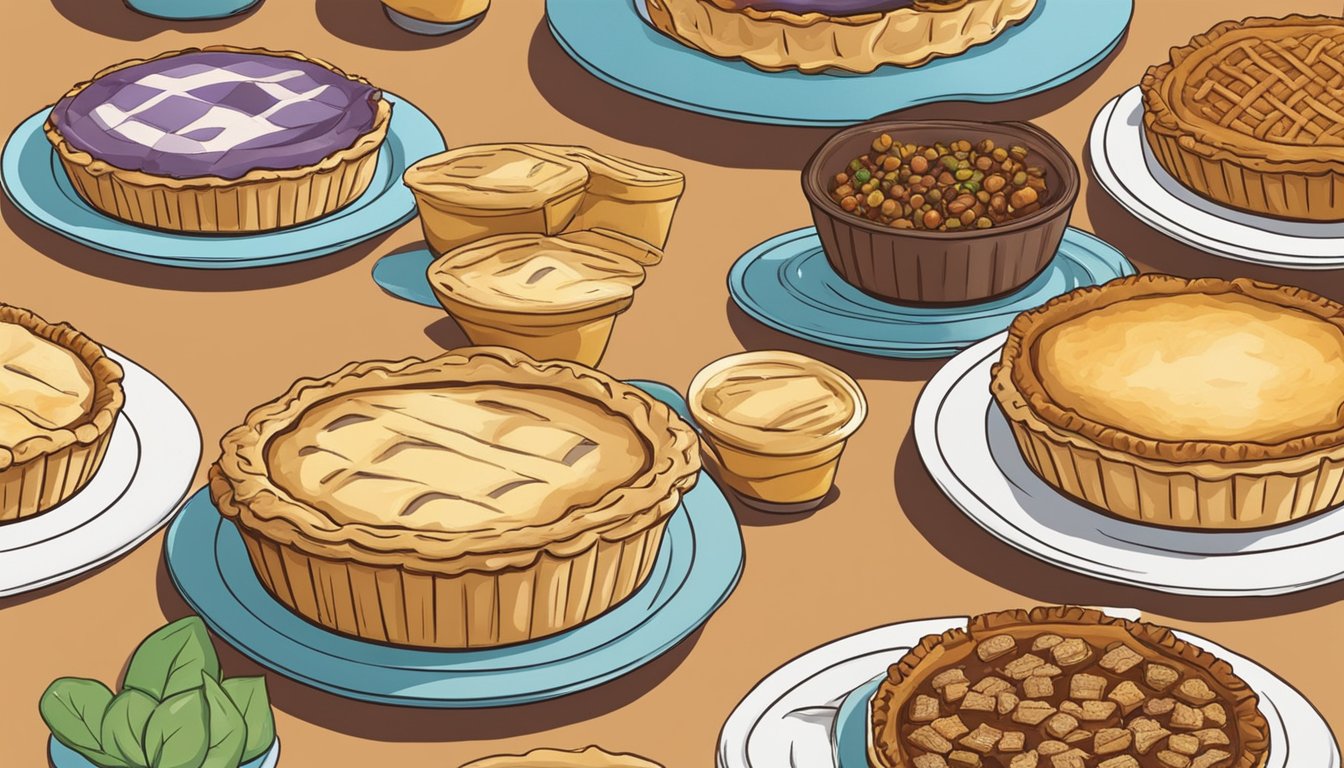 A table with a variety of vegan pies, including hoosier pie, displayed on colorful plates